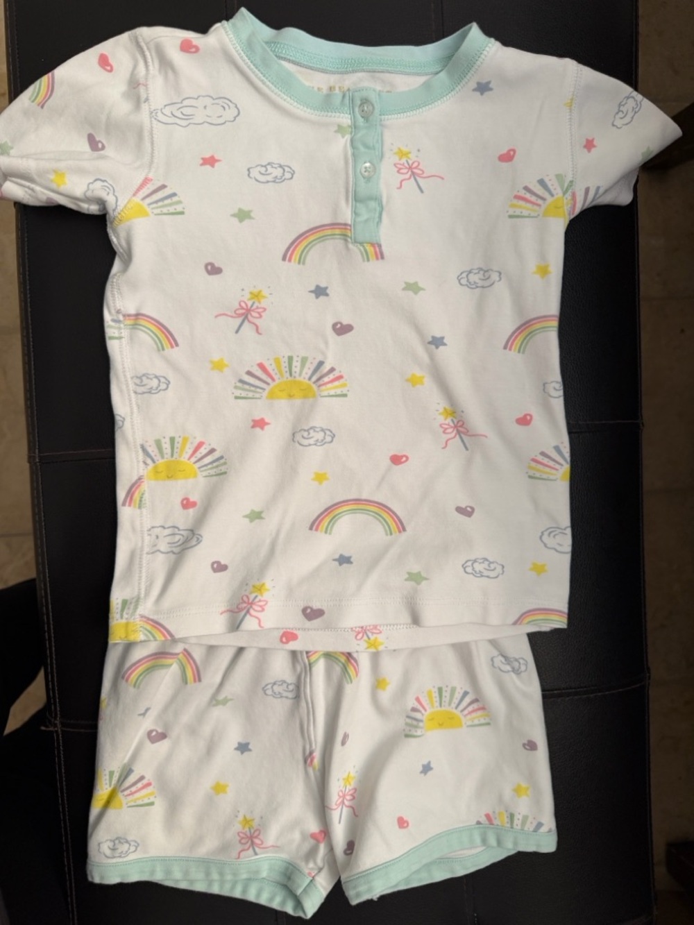 The Beaufort Bonnet Company White Pajama Set with Pastel Rainbow & Mint Trim